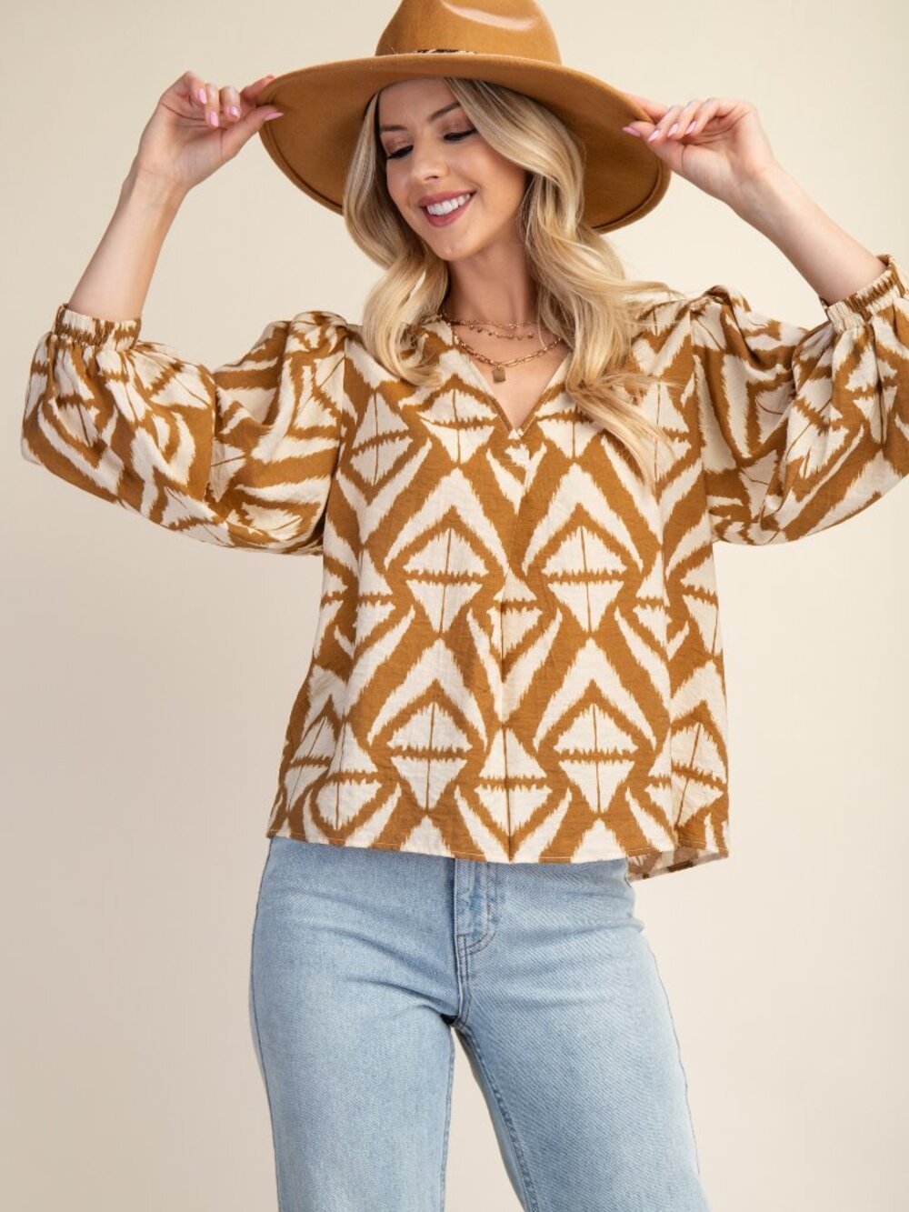 Bold Print V-neck Blouse with Voluminous Sleeves